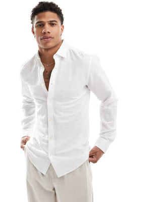 ONLY & SONS linen blend long sleeve slim fit shirt in white | ASOS | ASOS (Global)
