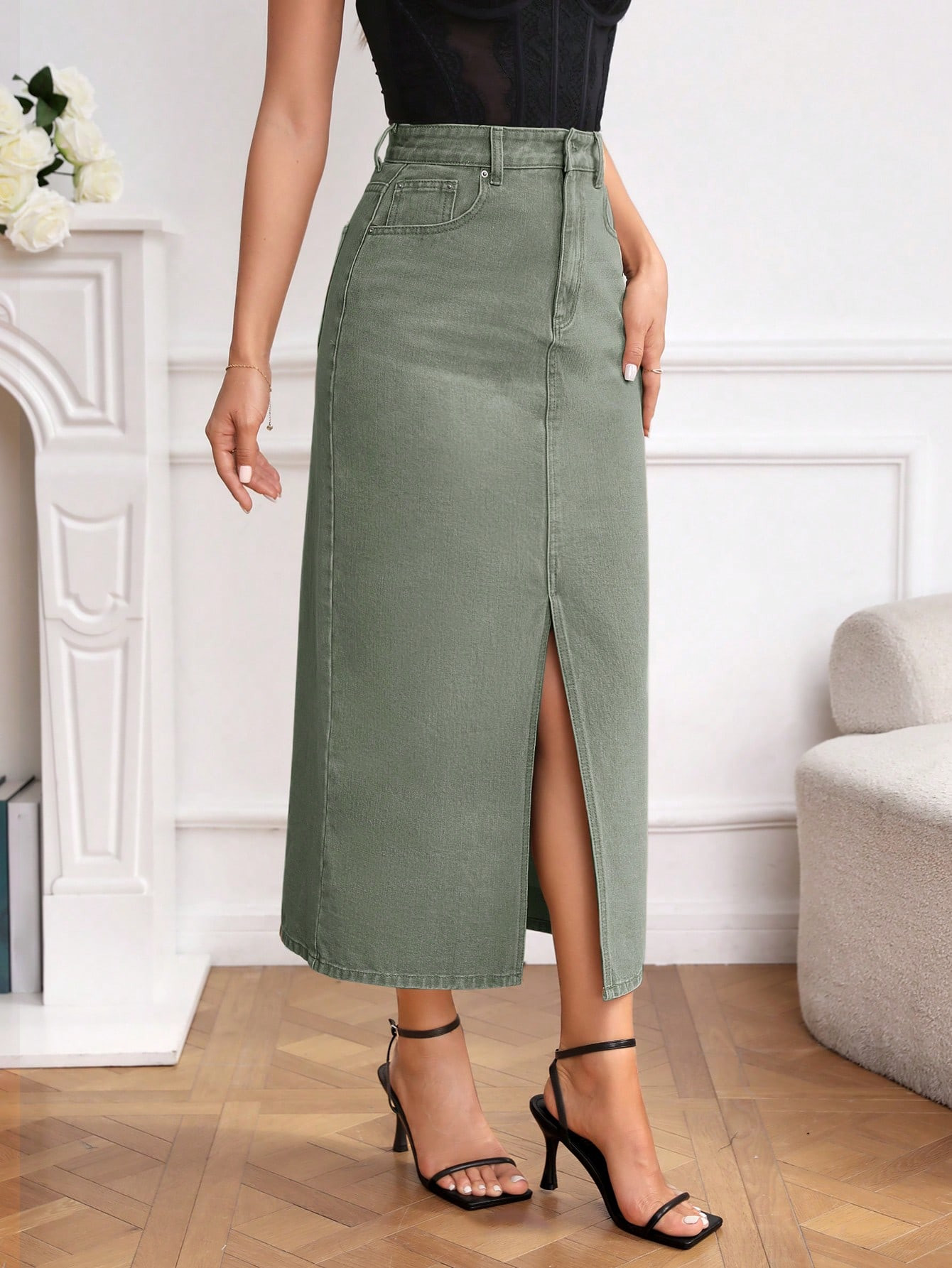 SHEIN EZwear High Waist Slit Denim Skirt | SHEIN