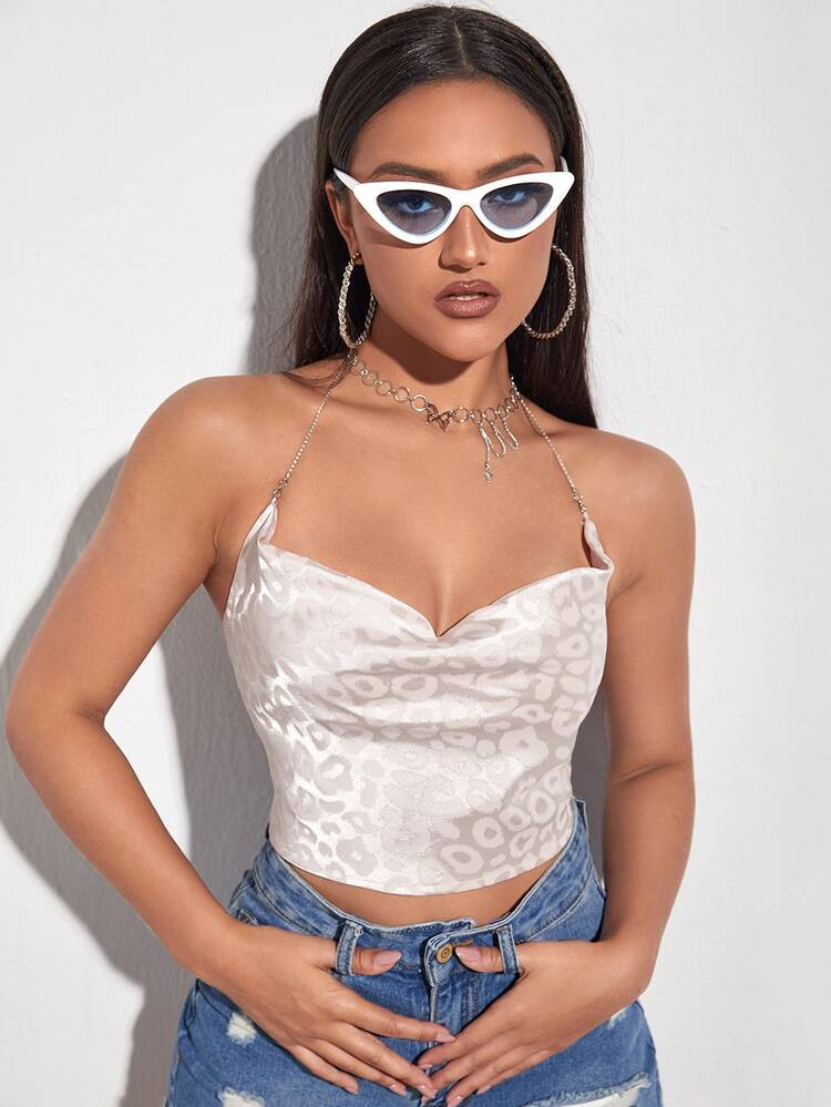 SHEIN Leopard Jacquard Drape Neck Crop Halter Top | SHEIN