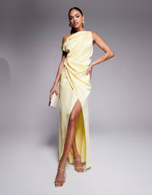 Jarlo asymmetric drape satin maxi dress in lemon | ASOS (Global)