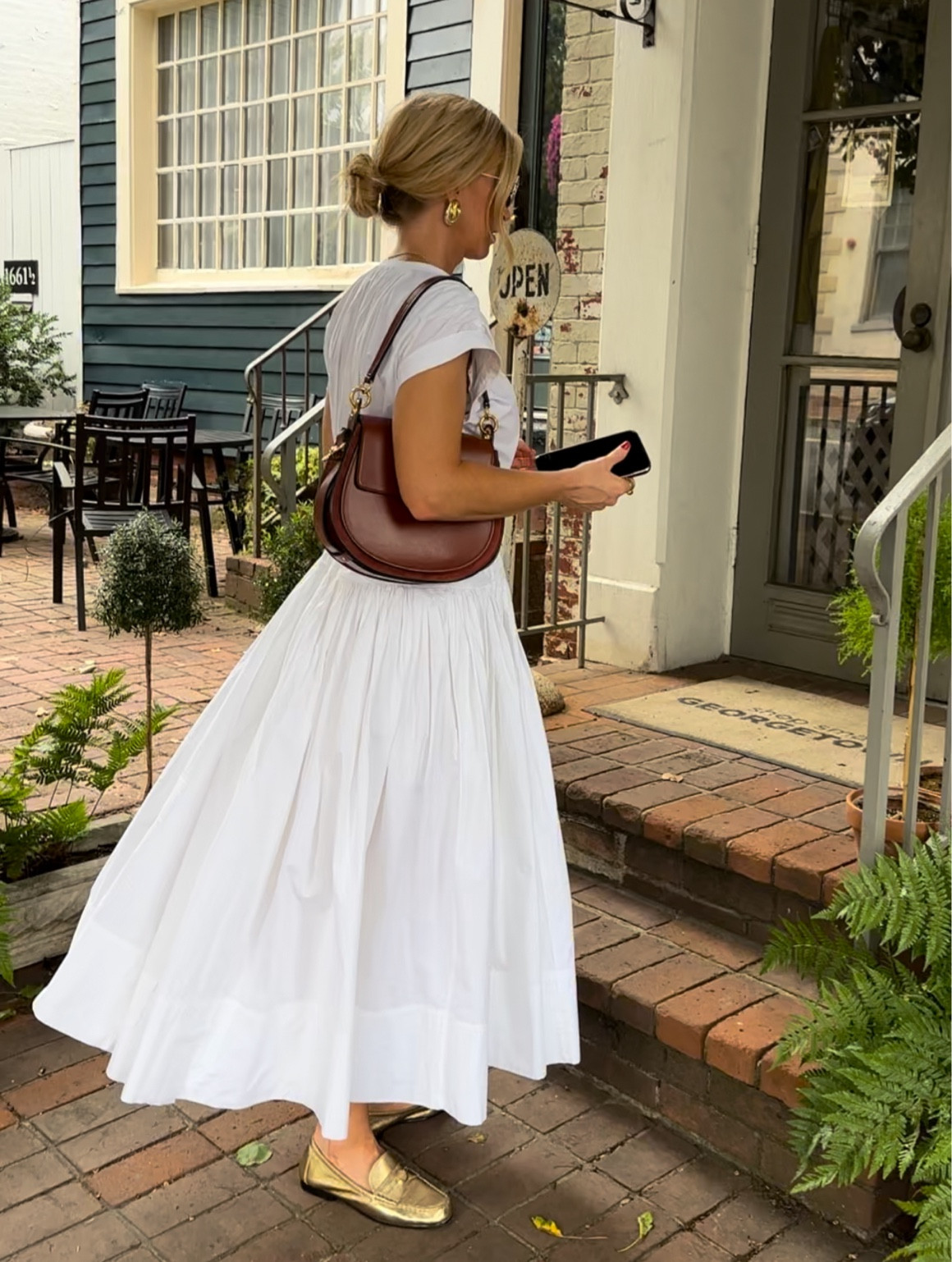 White dress I wore for my weekend in Georgetown. 
Dress: runs large, wearing XS
Gold loafers: run TTS 