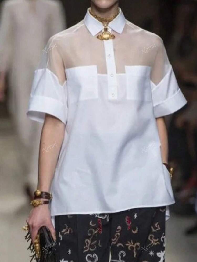 Women's Elegant Vintage-Style White Short Sleeve Blouse, Solid Color Polyester Shirt For Summer | SHEIN