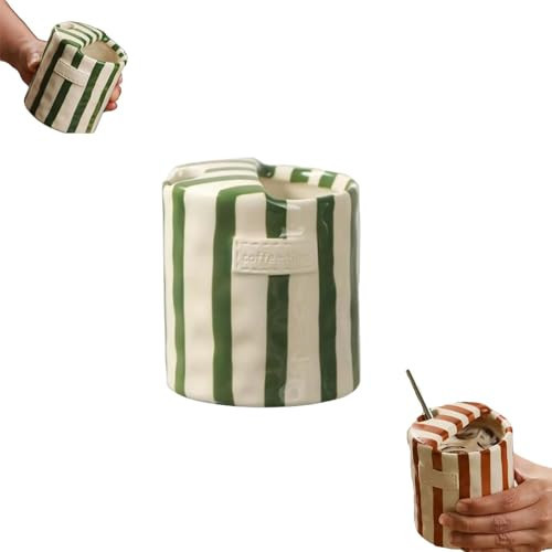 OZSZN Retro Striped Hand-Painted Ceramic Mug - Retro Hand Painted Ceramic Coffee Cup, striped coffee mugs, Heat-Resistant & Non-Slip Design, Perfect for Both Hot & Cold Drinks (Green) | Amazon (US)