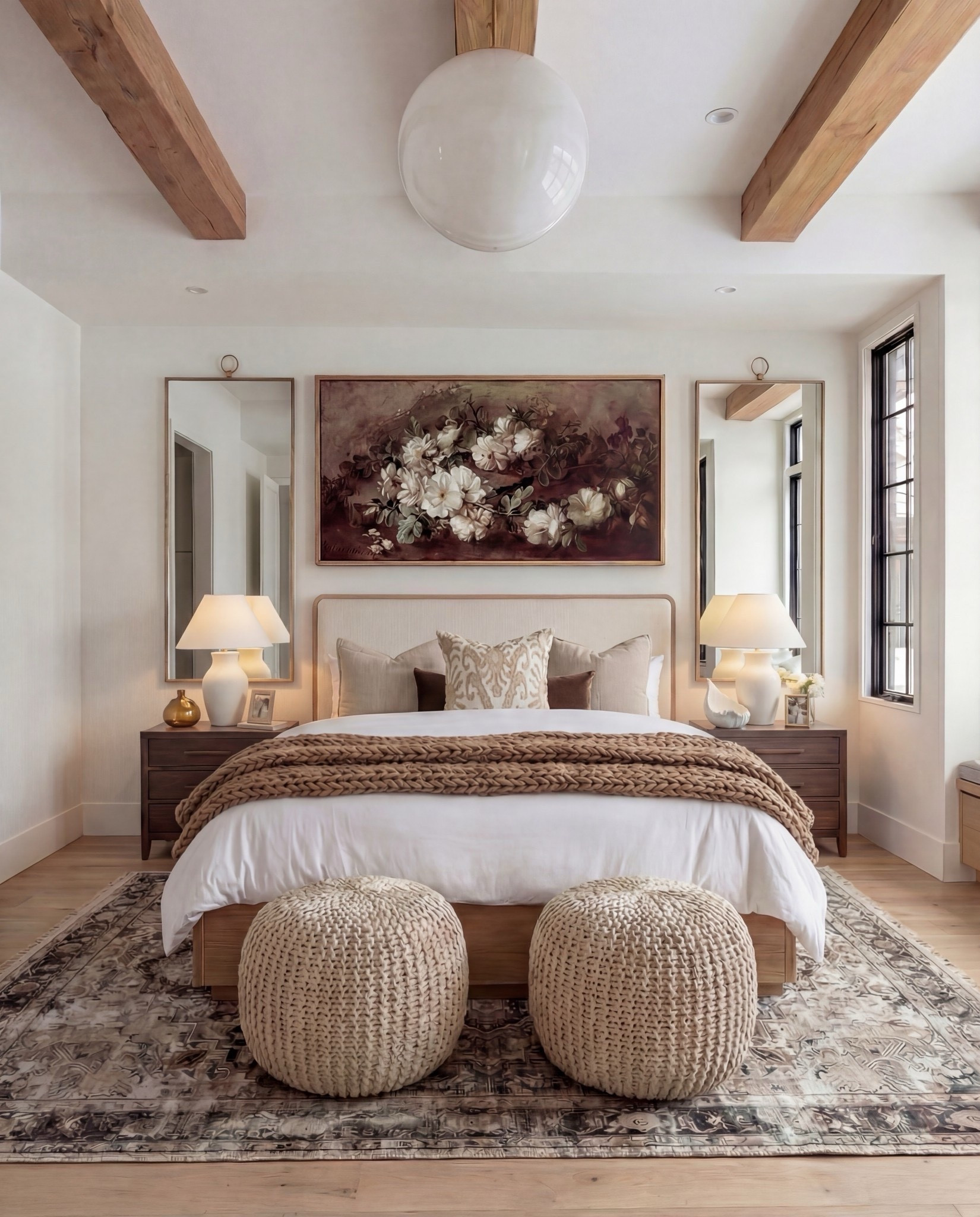 Shop the Look: Bedroom Refresh
• Upholstered bed frame (light neutral fabric)
• White cotton duvet cover + pillow shams
• Neutral patterned area rug
• Chunky knit throw blanket (warm beige)
• Woven knit poufs (foot-of-bed seating)
• Dark wood nightstands with brass pulls
• Sculptural white ceramic table lamps
• White tapered lamp shades
• Brass-framed rectangular mirrors
• Framed floral artwork (warm, moody tones)
• Neutral linen accent pillows
• Ceramic decorative bowl (white sculptural style)
• Small glass vase with white florals
• Natural wood ceiling beams
• Light wood flooring

#LTKSaleAlert #LTKHome