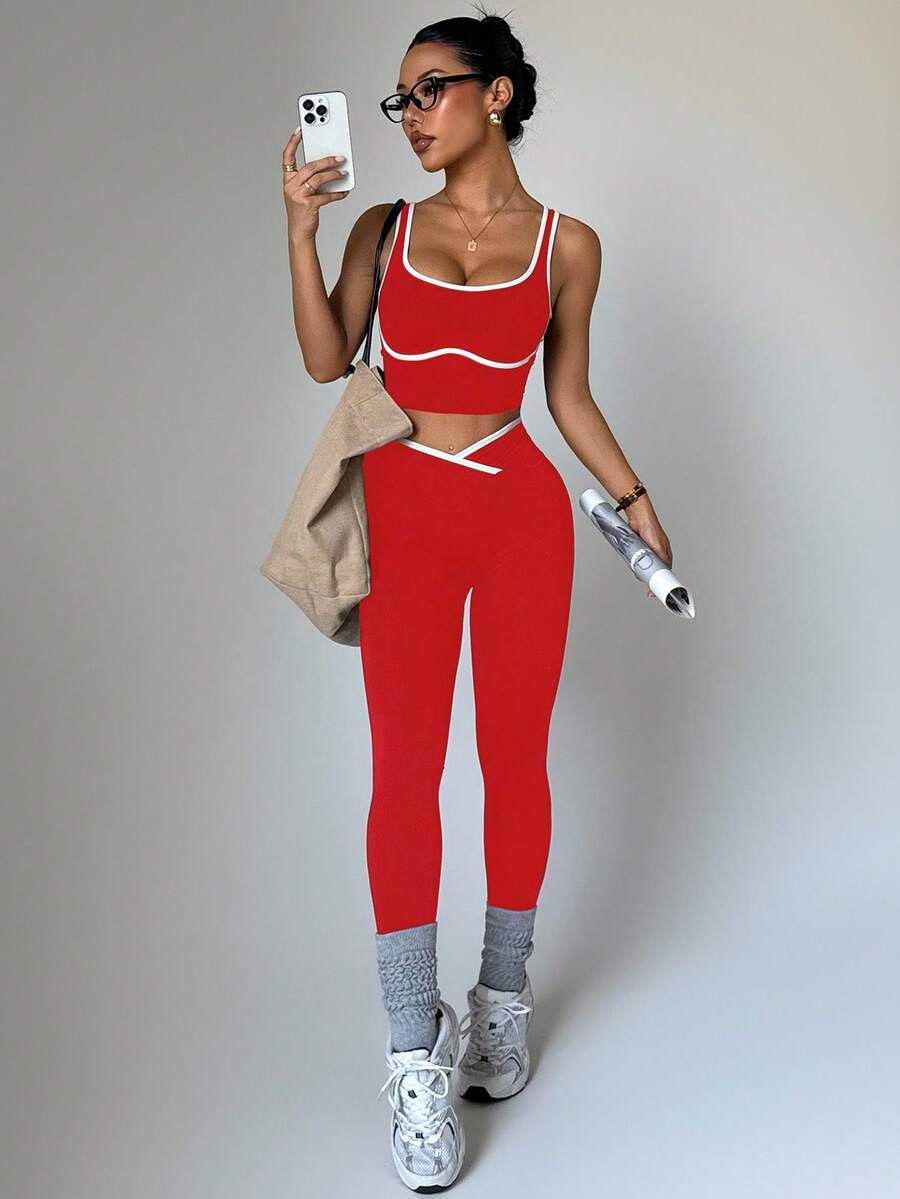 Dewbera Women's Seamless Contrast Color Yoga Activewear Set Active Two Piece Set Gym Two Piece Se... | SHEIN