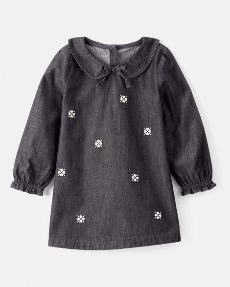 Toddler Girl Floral Motif Chambray Long-Sleeve Dress - Grey | Carter's Inc