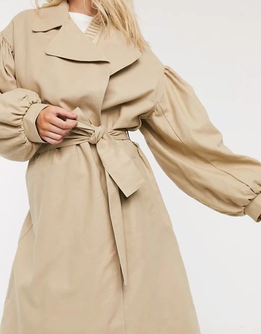ASOS DESIGN extreme sleeve trench coat in stone | ASOS (Global)