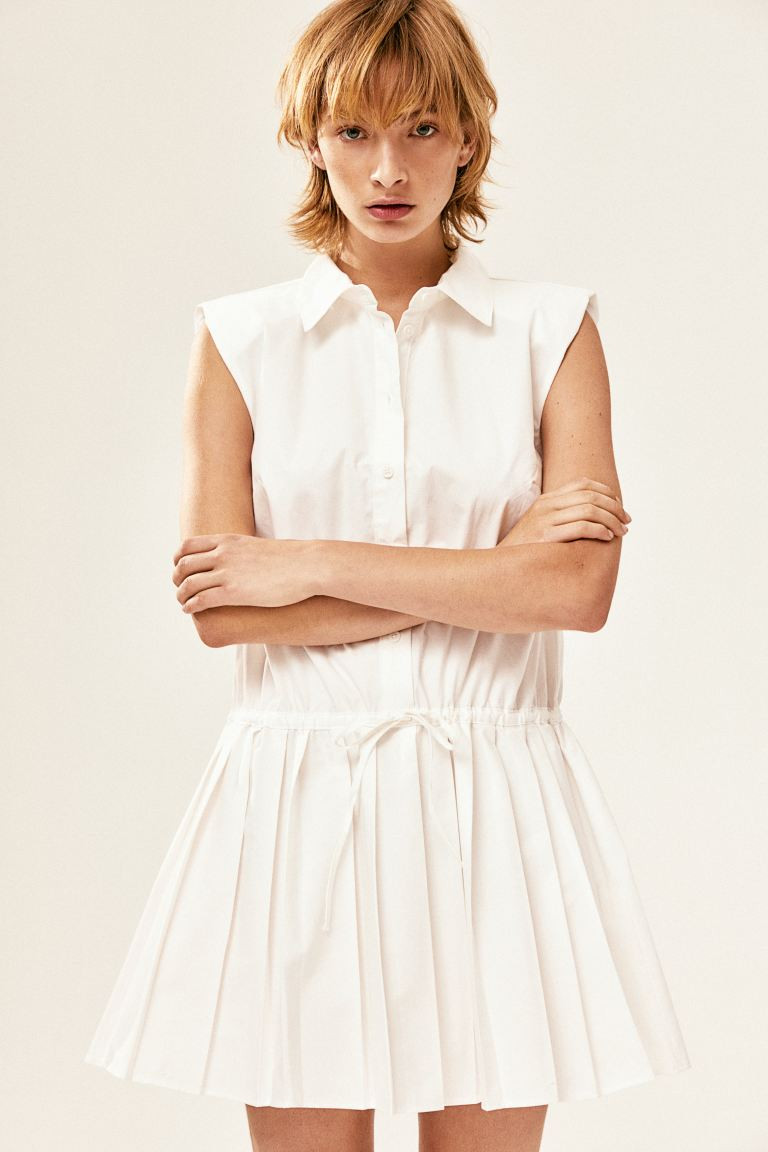 Shoulder-pad Dress with Pleated Skirt - Sleeveless - Short - Cream - Ladies | H&M US | H&M (US + CA)