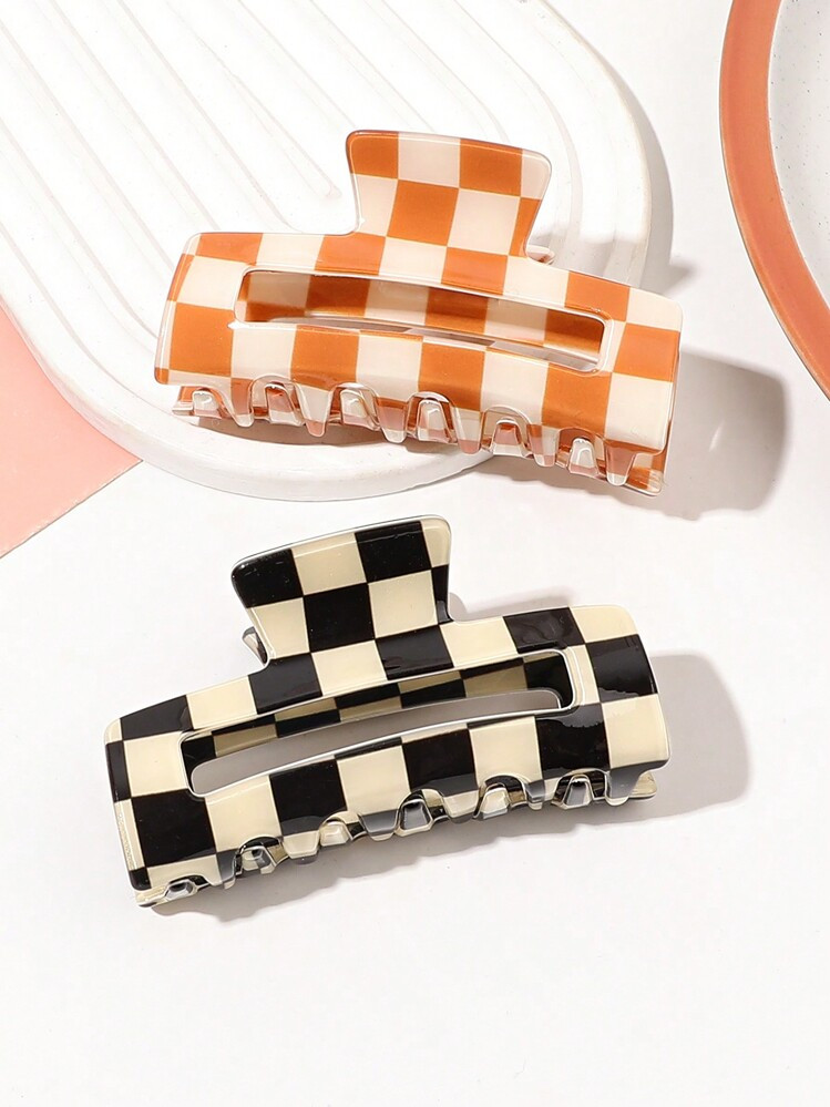 2pcs Black&White&Orange Acrylic Checkerboard Square Hair Claw, Elegant Accessory For Women At Parties,Tea Parties And Dance Parties Claw Clips Hair Clips Hair Jaw Clip Hair Clamps Hair Clutch Hair Catcher Clip | SHEIN