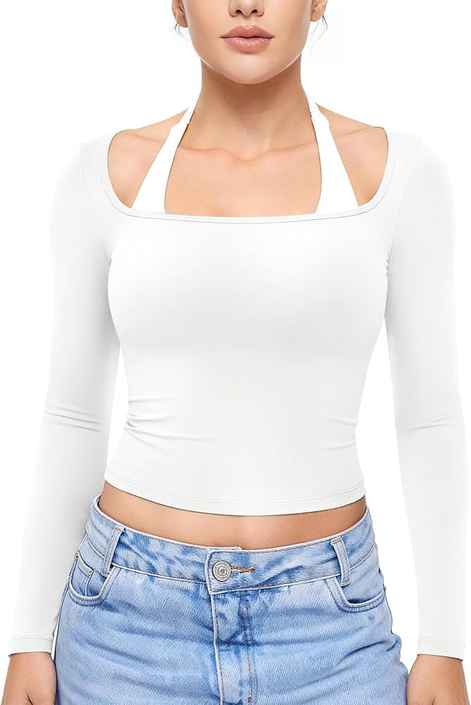 YEOREO Long Sleeve Workout Tops for Women Square Neck Slim Fitted Double Lined Compression Shirt ... | Amazon (US)
