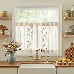 jinchan Belrose Linen Floral Kitchen Curtains 24 inch Length Embroidered Farmhouse Cafe Curtains ... | Amazon (US)