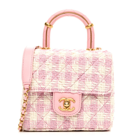 Tweed Handle Crush Top Handle Flap Bag Pink Ecru | FASHIONPHILE (US)