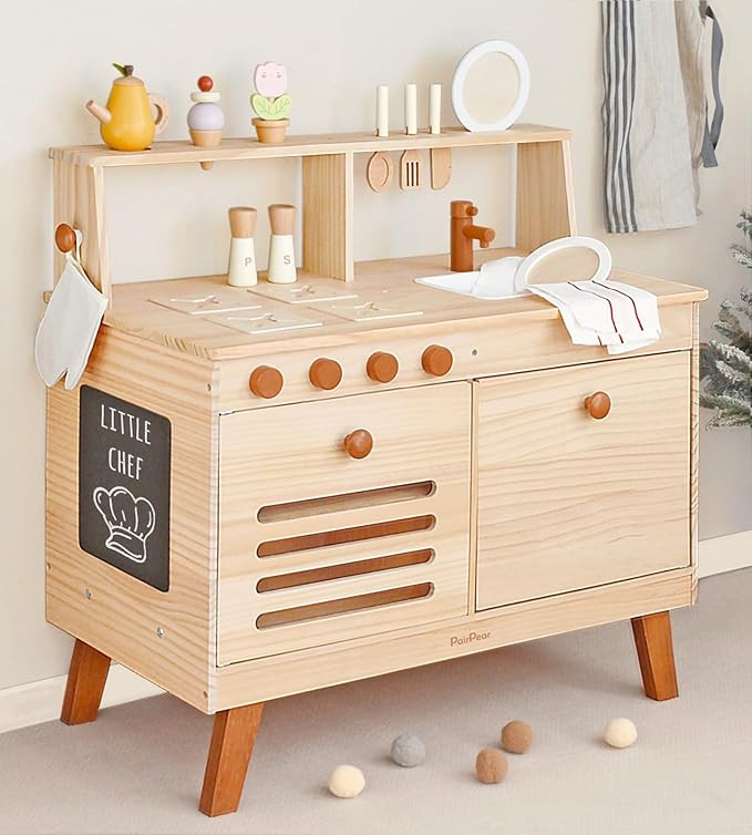 PairPear Wooden Toys Play Kitchen for Kids,Nature Wood Kitchen Set with Toy Storage,Toddler Prete... | Amazon (US)