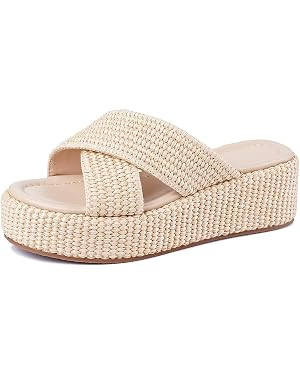 DREAMSTORY Women's Platform Sandals Round Toe Slip On Raffia Espadrilles Wedge Slides Comfortable... | Amazon (US)