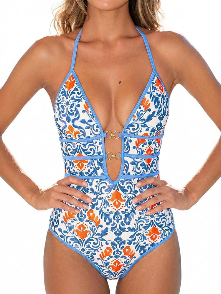 CUPSHE Women's One Piece Swimsuit Halter Plunging Neck Cutout Back Bathing Suit Spaghetti Adjusta... | Amazon (US)