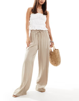 Vila weighted plisse satin feel wide leg trousers in beige | ASOS (Global)