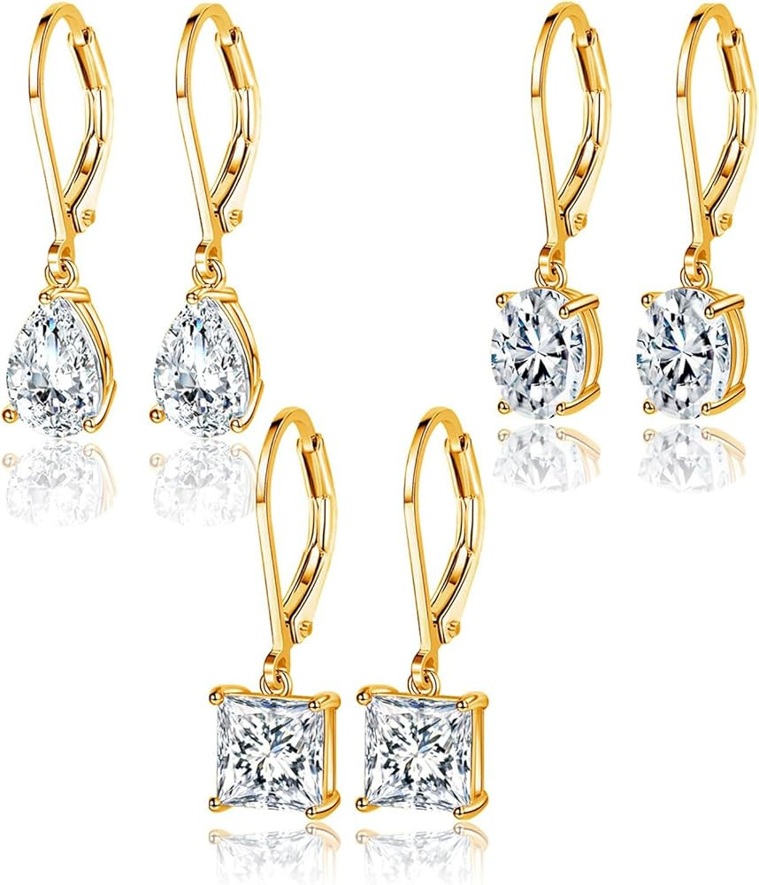 MDFUN 18K Gold Plated Dangle Earrings for Women Leverback Earrings Set Cubic Zirconia Drop Earrin... | Amazon (US)