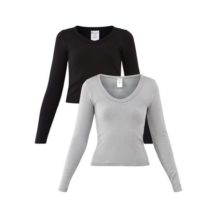 No Boundaries Seamless V-Neck Tee with Long Sleeves 2-Pack Women’s | Walmart (US)