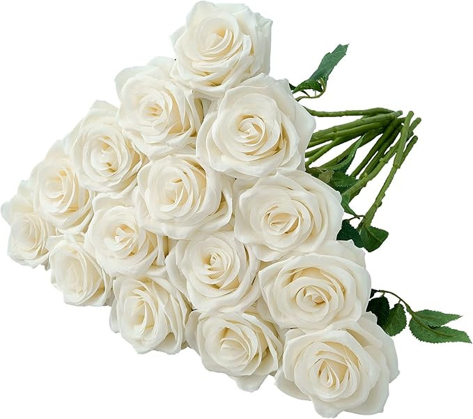 15pcs Ivory Roses Artificial Flowers Silk Fake Flowers Realistic White Roses Bouquet Long Stem fo... | Amazon (US)