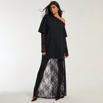 Women's Elegant Solid Color Lace Splice Asymmetric Collar Dress | SHEIN