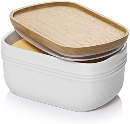 DOWAN Porcelain Butter Dish, Extra Large Butter Dish with Cover, Airtight Butter Dish with Wooden... | Amazon (US)