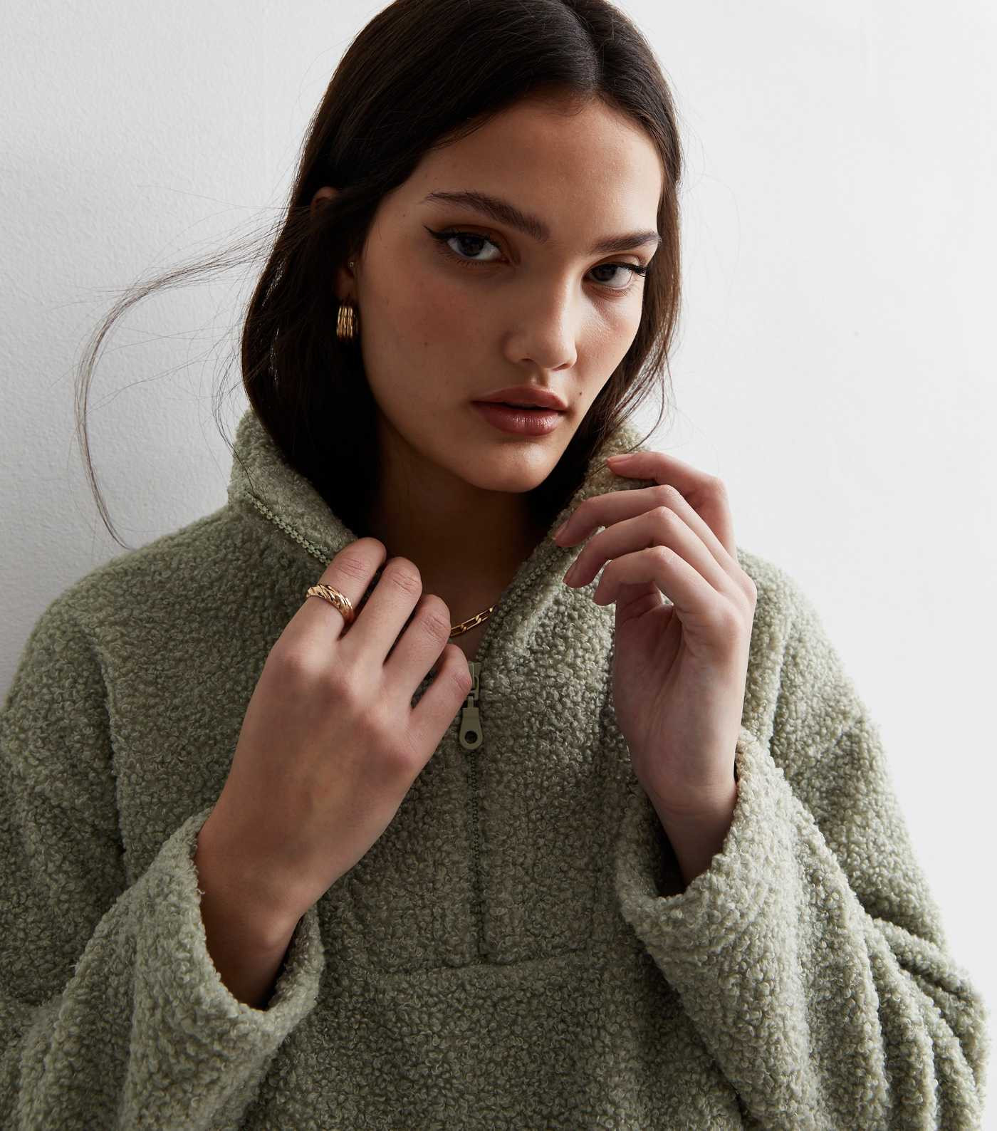 Khaki Teddy Zip Neck Sweatshirt | New Look | New Look (UK)