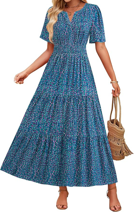 ZESICA Women's 2026 Summer Floral Boho A Line Maxi Dresses | Short Sleeve, V Neck, A Line, Flowy,... | Amazon (US)