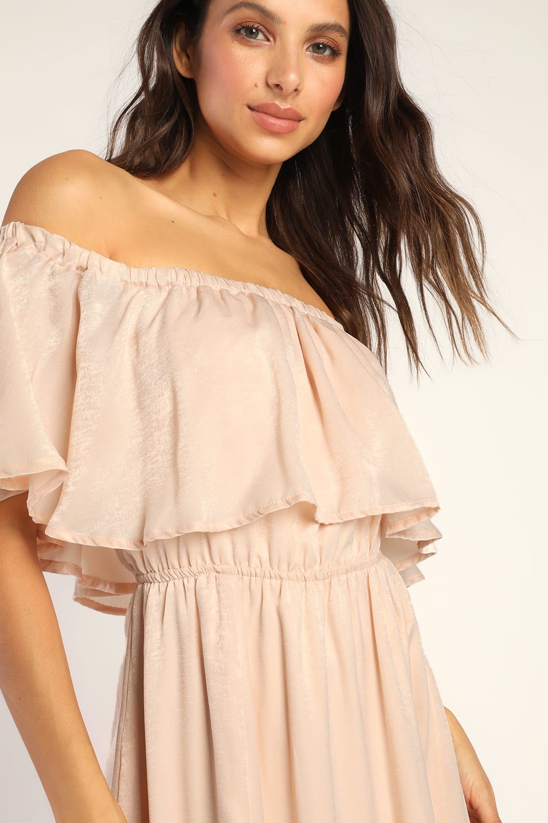 Romantic Thinking Light Peach Satin Off-the-Shoulder Maxi Dress | Lulus (US)