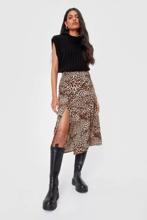 Leopard Print Slit Midi Skirt | Nasty Gal (US)