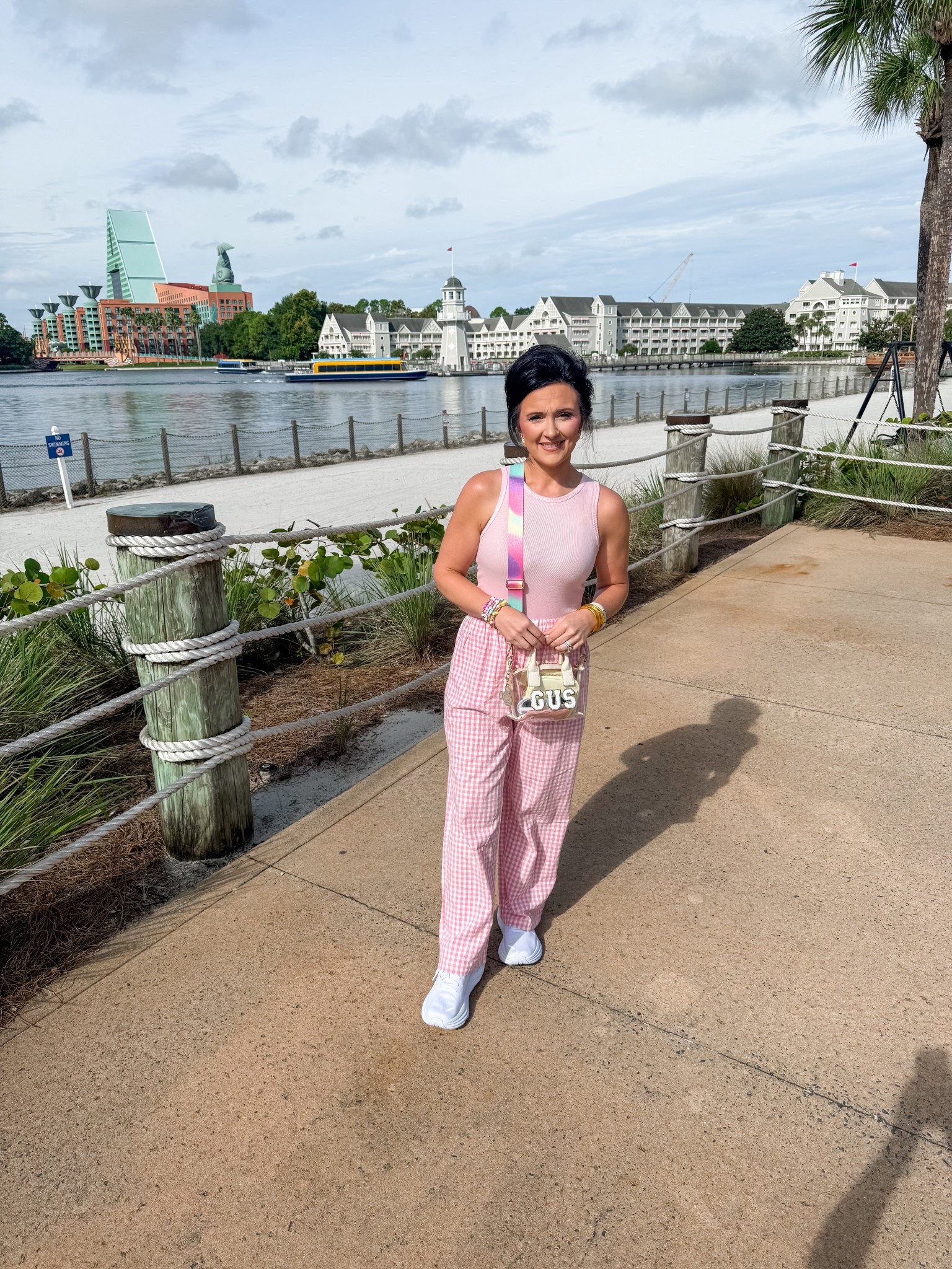 Disney Outfit of the Day! (While hiding compression hose) 

DIY Purse from Target 
Strap - Amazon 
Tank - Walmart No Boundaries Clearance 
Pants - Amazon 
Shoes -Hoka 
Bracelet Stack - made by me! 
Jewelry - Bauble Bar 

#LTKFindsUnder50 #LTKFindsUnder100 #LTKTravel