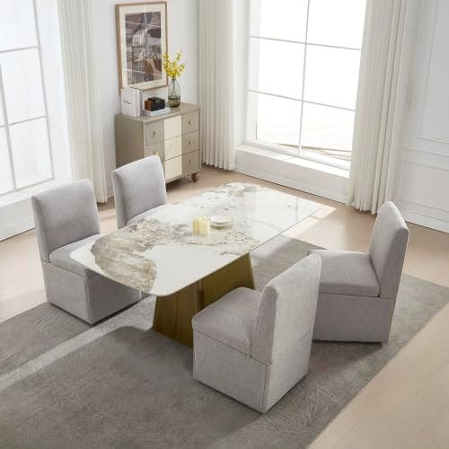 QQU 360° Swivel Dining Chair Set of 4, Modern Upholstered Linen High Dining Room Stools, Rolling... | Amazon (US)