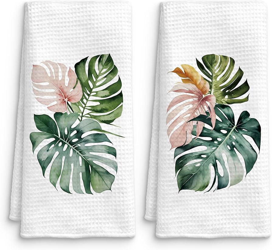 Tropical Monstera Leaf Kitchen Towels Set of 2, Green Jungle Palm Leaf Tropical Hand Towels for B... | Amazon (US)