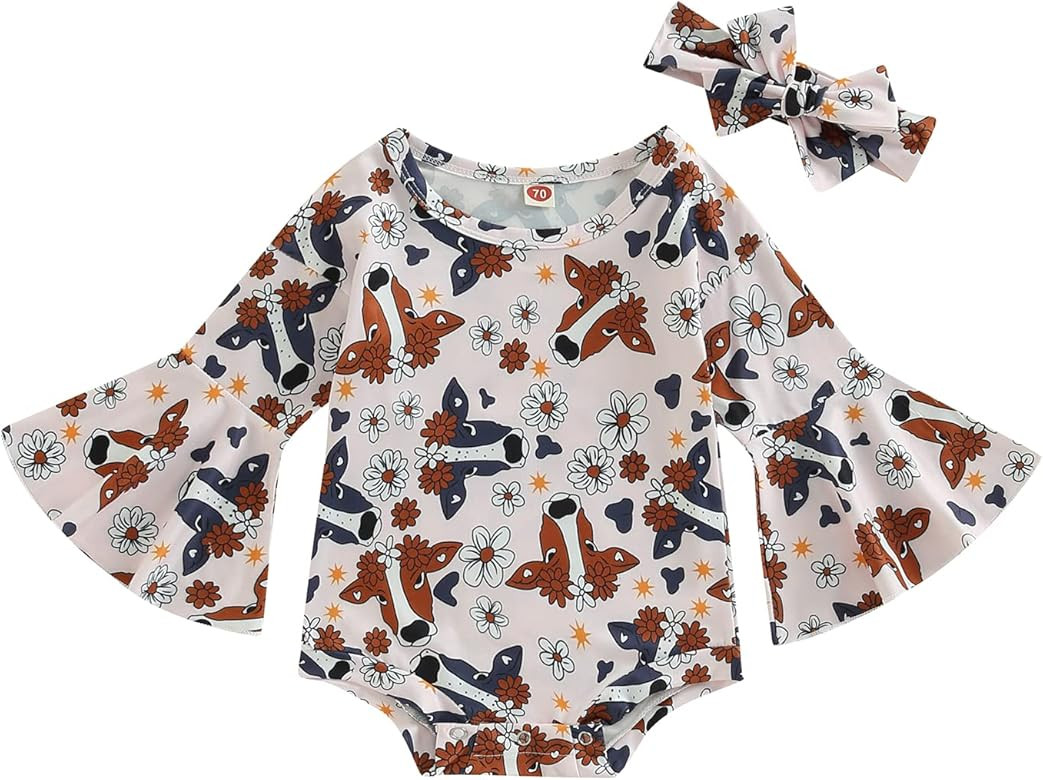 Lamuusaa Newborn Baby Girl Romper Flare Long Sleeve Cow Print Bodysuit One Piece Jumpsuit Headband A | Amazon (US)