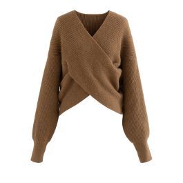 Crisscross Ribbed Knit Crop Sweater in Caramel | Chicwish
