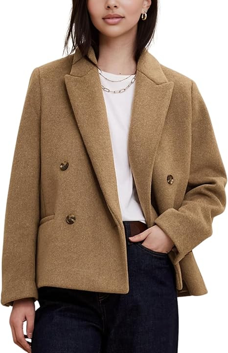 QIBABU Womens Winter Wool Blend Pea Coat Short Double Breasted Notched Lapel Blazer Overcoat | Amazon (US)