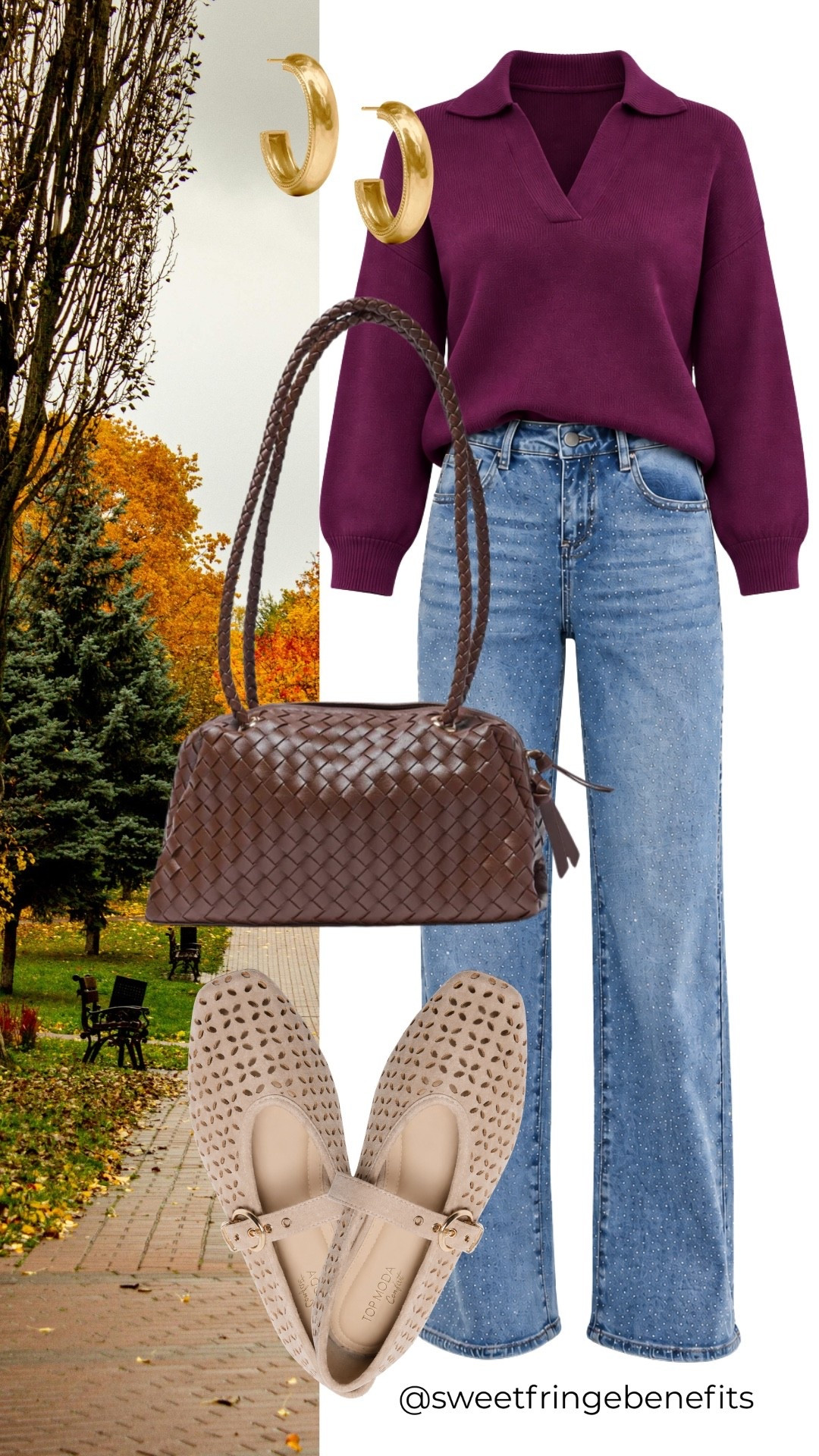 That rich berry sweater is such a good color for fall, especially with a simple pair of jeans. Add the woven bag and flats and you’re done.

#LTKootd #LTKWorkwear #LTKOver40