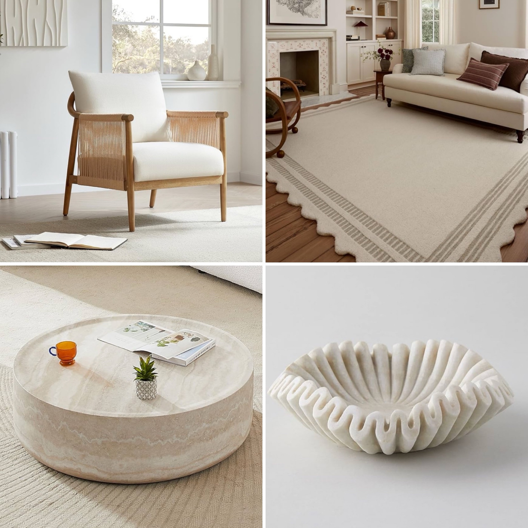 Create a sophisticated and cozy atmosphere with these timeless pieces in neutral tones and natural materials. The wooden armchair with a woven backrest adds elegance and comfort to any space. The beige rug with scalloped edges brings a classic and delicate touch to the decor. The marble coffee table makes a statement with its sculptural presence, perfect for a refined living room. And for the finishing touches, the hand-carved marble bowl with its organic shape is the ideal decorative piece to elevate any setting. Minimalism, sophistication, and functionality in perfect harmony!

#LTKHome