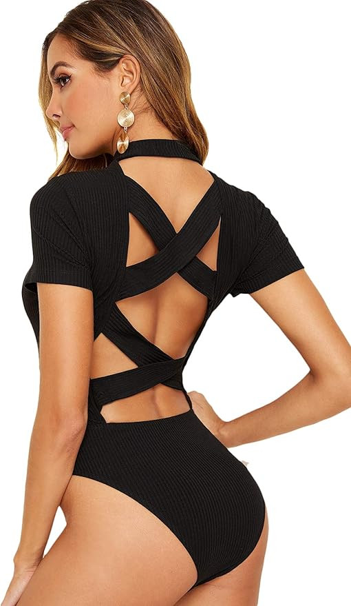 Verdusa Women's Crisscross Backless Ribbed Skinny Bodysuit Top | Amazon (US)