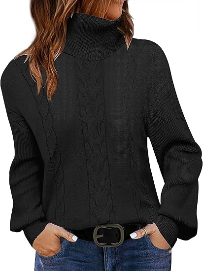 LEANI Women's 2024 Turtleneck Sweater Lantern Long Sleeve Cable Knit Pullover Sweaters Jumper | Amazon (US)