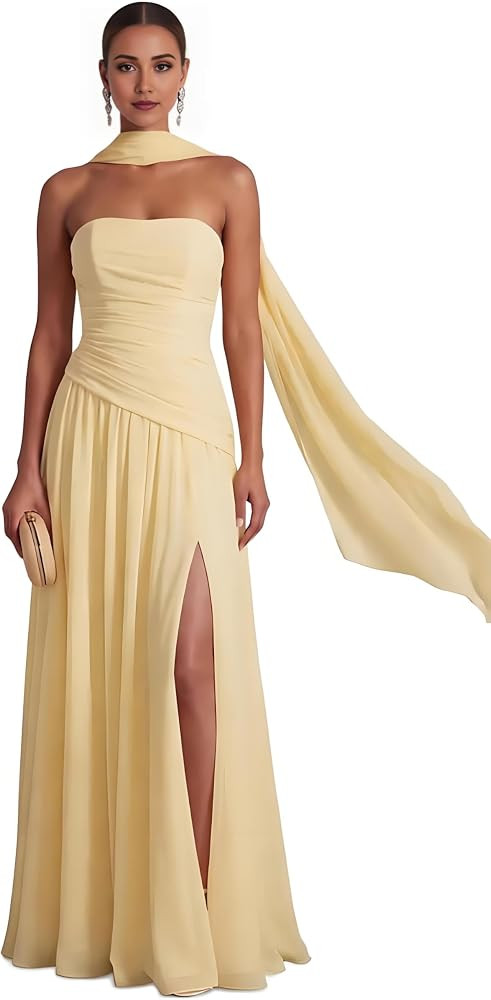 Strapless Chiffon Bridesmaid Dress with Scarf, Slit Ruched Waist, Flowy A-Line, Floor-Length, Wed... | Amazon (US)