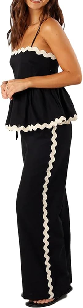 Women 2 Piece Summer Vacation Outfit Rickrack Crop Top with Wide Leg Pants Ric Rac Linen Clothes ... | Amazon (US)