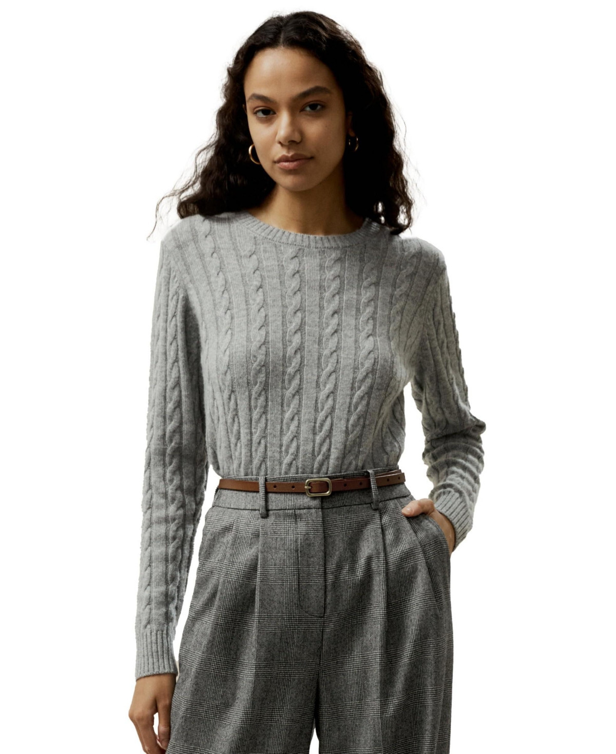 Lilysilk Women's Classic Cable Knit Sweater with Ribbed Edges - Gray | Macy's
