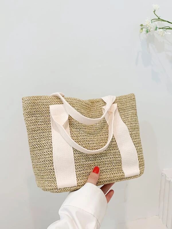 HomeBags & LuggageWomen BagsWomen SatchelsTwo Tone Double Handle Straw Bag | SHEIN