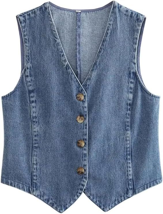 Women's Vintage Denim Waistcoat Vest Sleeveless V-Neck Cropped Tank Tops Button Down Jean Vintage... | Amazon (US)