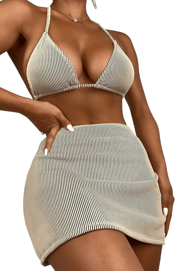 SweatyRocks Women's 3 Piece Zebra Striped Bikini Swimsuit Set & Beach Skirt Set Bathing Suit | Amazon (US)