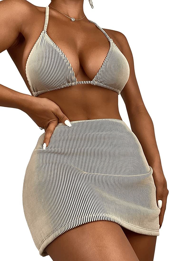 SweatyRocks Women's 3 Piece Zebra Striped Bikini Swimsuit Set & Beach Skirt Set Bathing Suit | Amazon (US)