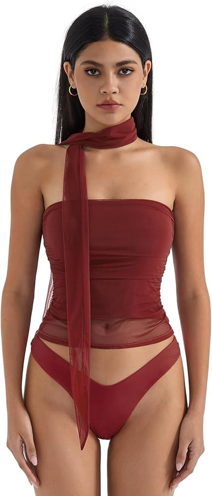 SUUKSESS Women Ruched Strapless Mesh Tube Top Y2k Sleeveless Bandeau Tank Tops with Scarf 2025 | Amazon (US)