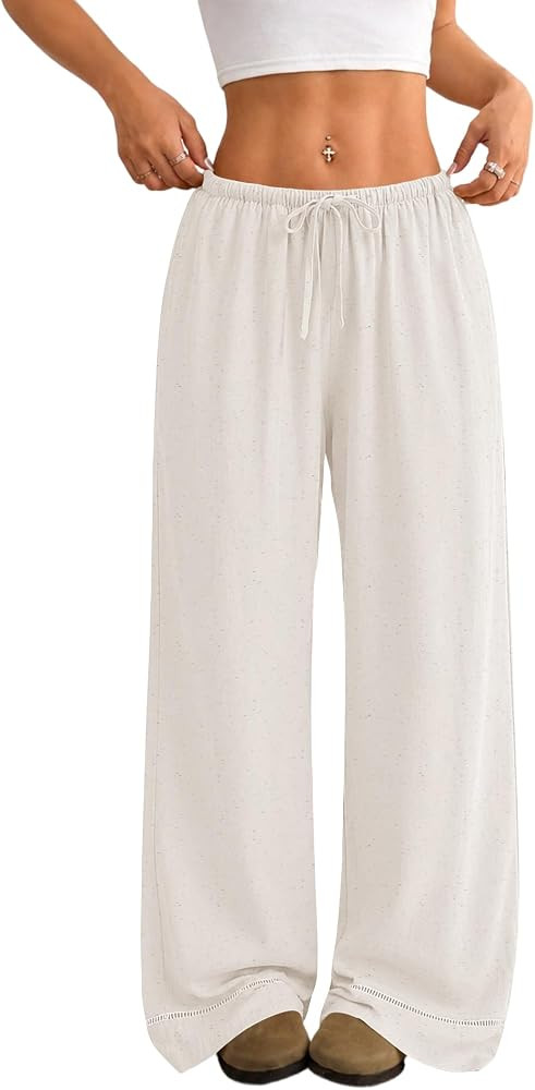 LOMON Women's Linen Pants Boho Wide Leg Summer Flowy Elastic Pants Lightweight Beach Vacation Out... | Amazon (US)