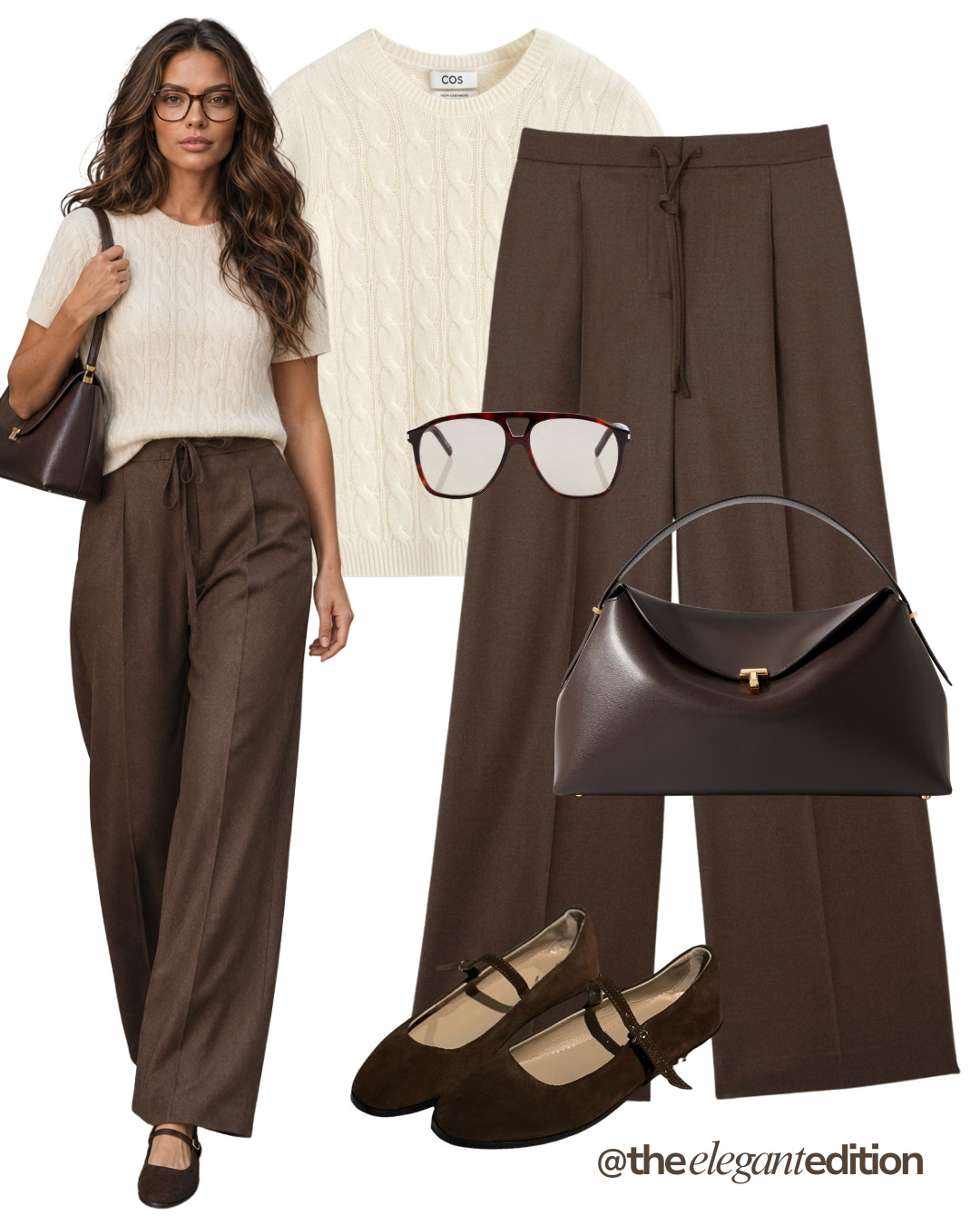 CABLE KNIT LOOK - Cream cable knit top styled with brown wide-leg trousers, an easy transitional outfit for autumn #cableknit #widelegtrousers #maryjaneflats #LTKautumn #LTKshoes #LTKstyletip 

 #LTKFashionMonth #LTKeurope #LTKautumn