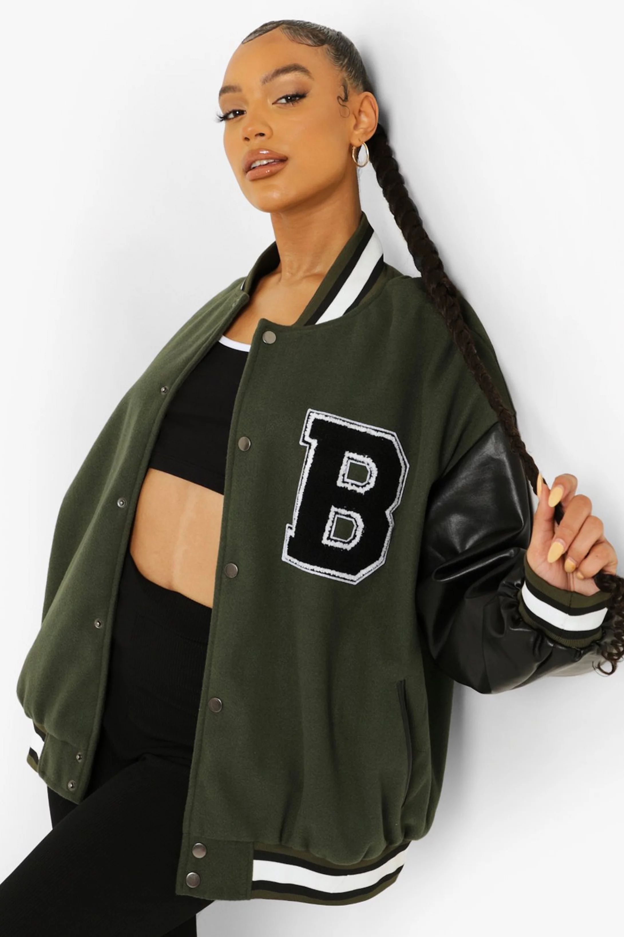 Contrast Sleeve B Varsity Jacket | Boohoo.com (US & CA)